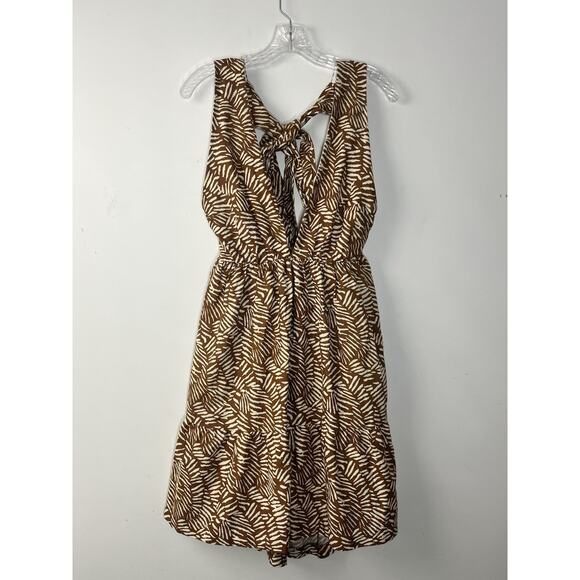 House of Harlow Linen Blend Mini Dress Medium Brown Deep V Cut Out Open Back Tie - Picture 1 of 12